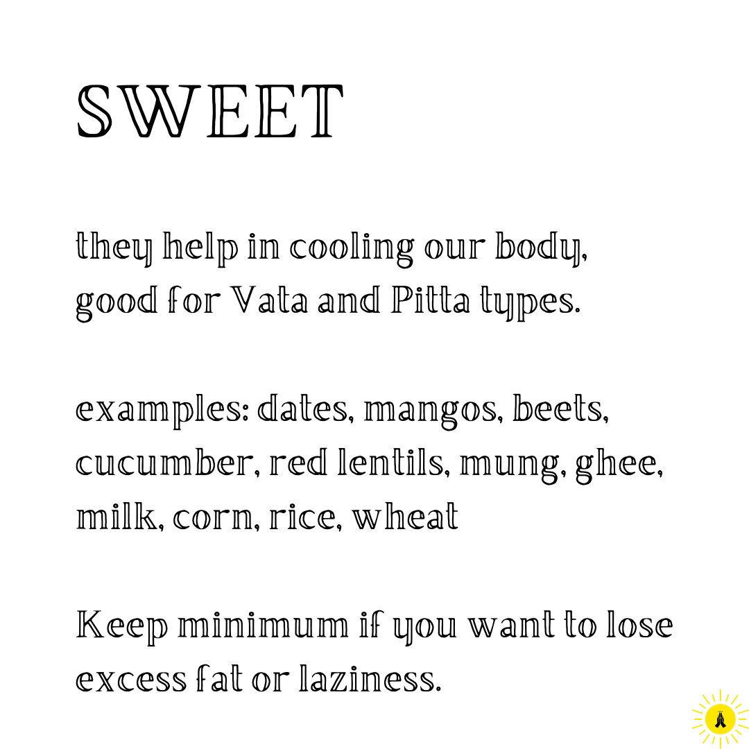 alt_script's tweet photo. Sweet taste has a cooling effect on our body and are considered to be nourishing. But excess can be signs of addiction and cause laziness.

For Vata - Good
For Pitta - Good
For Kapha - Not Good

#namaste #namasterevolution #sweet #ayurveda #carbs #health #healthy #weightloss https://t.co/Pbke9x6JLm