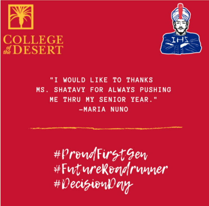 reachhigherihs's tweet photo. Congratulations Maria Nuno for your commitment to College of the Desert. Congrats! We are so proud of you!
#decisionday2021 #proud https://t.co/Spn3XfDAIQ