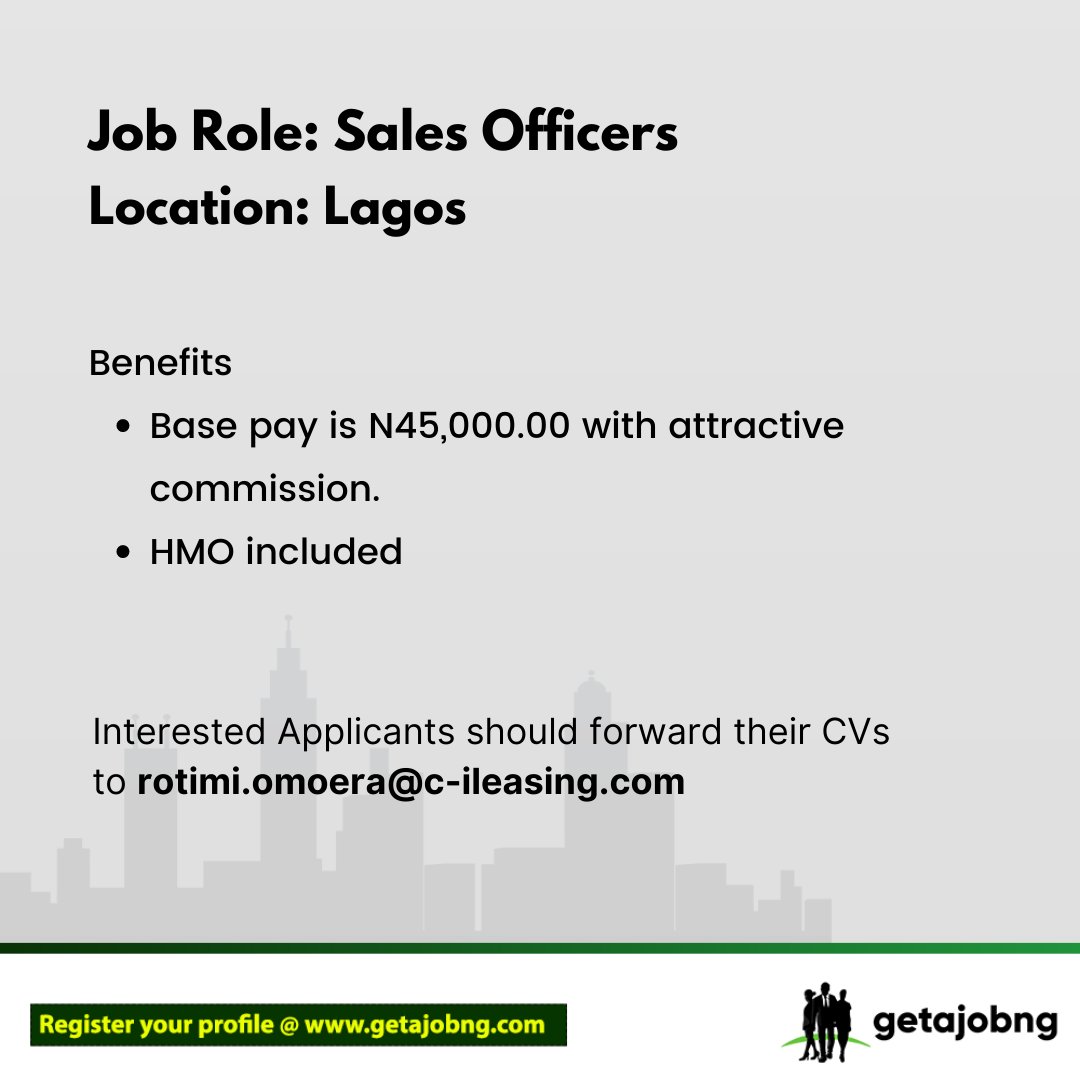 getajobngr's tweet image. We are hiring Sales Officers for a leading commercial bank.

Apply now. Let this weekend not pass you by.

#jobs #recruitment #sales