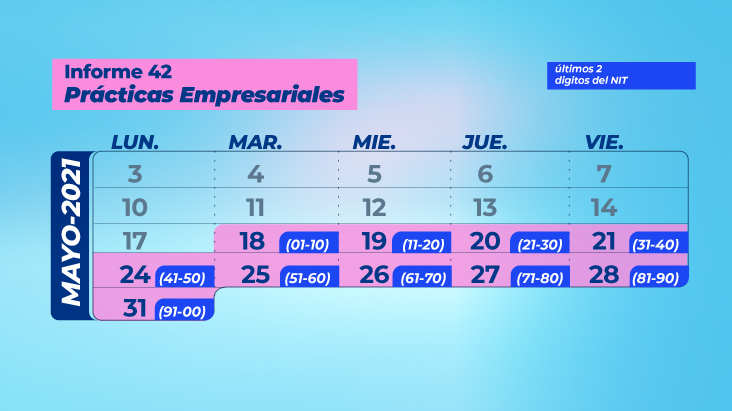 SSociedades's tweet photo. Las entidades empresariales en vigilancia o control, deben diligenciar y enviar el #Informe42 #PrácticasEmpresariales correspondiente al año 2020 de acuerdo con los dos últimos dígitos del NIT de la sociedad, sin incluir el número de verificación.

Info: https://t.co/QpxRhHedRG https://t.co/pkuyhyG724