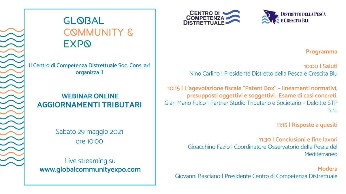 Continuano gli #eventi #informativi a cura del #CentrodiCompetenzaDistrettuale

Sabato 29 maggio, alle ore 10.00,  su #GlobalCommunityExpo si svolgerà il #Webinar ”Aggiornamenti tributari”  

Leggi la notizia sulla nostra piattaforma globalcommunityexpo.com