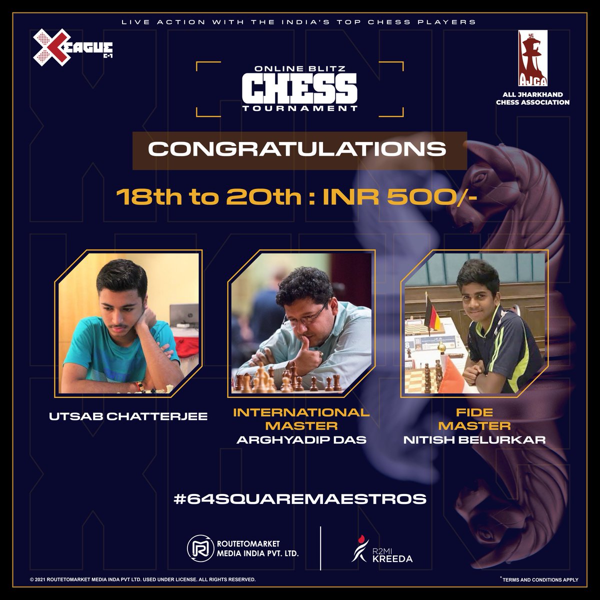 XONGLeague's tweet photo. Congratulations to the winners of the XONG League Online Blitz Chess Tournament C-1 🏆

1️⃣8️⃣th, 1️⃣9️⃣ &amp; 2️⃣0️⃣th Prize - INR 500/- 

1️⃣8️⃣ Ustab Chaterjee 🏅
1️⃣9️⃣ International Master - Arghyadip Das🏅
2️⃣0️⃣ FIDE Master - Nitish Belurkar🏅

"India's biggest Online Chess tournament" https://t.co/ZkBOl04wC3