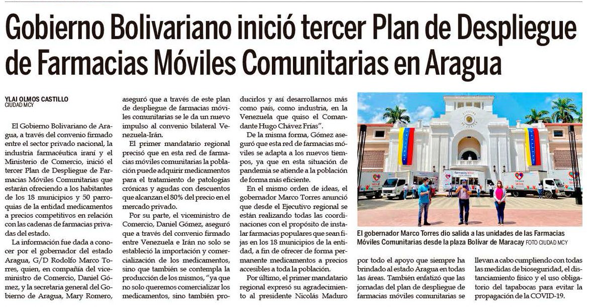 #22May Gobierno Bolivariano inició tercer plan de despliegue de farmacias comunitarias en Aragua <a href="/NicolasMaduro/">Nicolás Maduro</a> <a href="/RMarcoTorres/">Rodolfo Marco Torres</a> <a href="/juan_davila01/">Juan Davila</a> <a href="/CiudadM2020/">Ciudad MCY</a> #QuitaleLaCoronaAlVirus