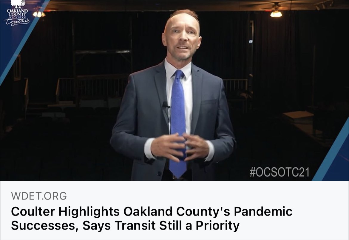 Have you caught up on all #OCSOTC21 news? If not, check out #OaklandCounty Executive Dave Coulter in local media outlets to hear him discuss his annual address and related topics, including equity, #sustainability,  and expanding access to post-secondary education and healthcare.