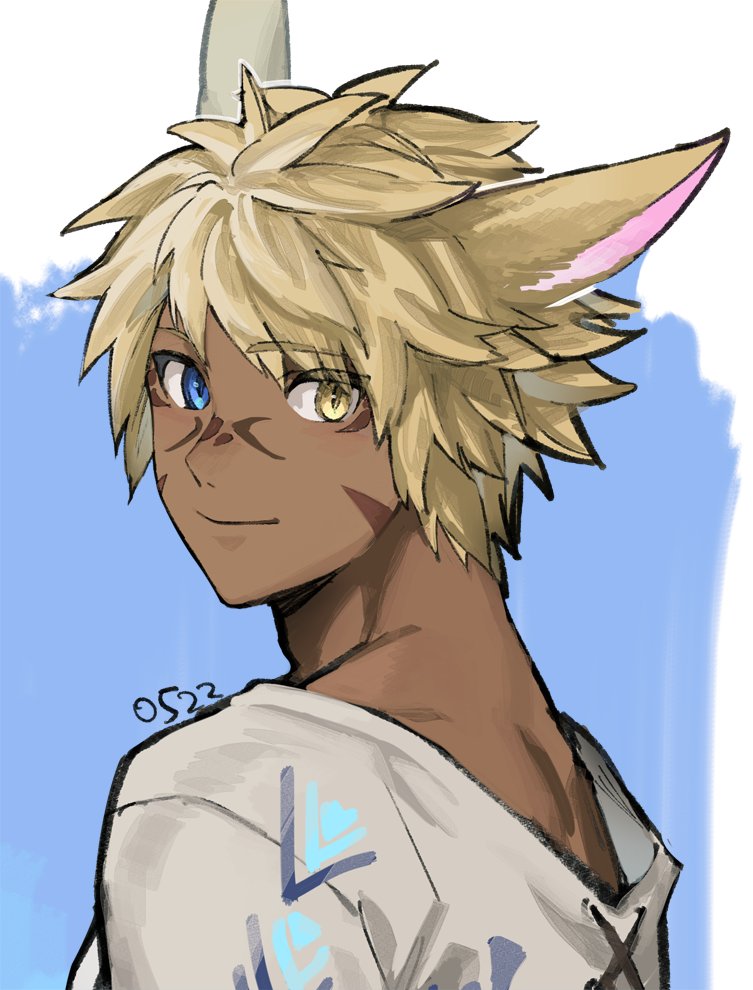 animal ears solo blonde hair heterochromia miqo'te 1boy blue eyes  illustration images