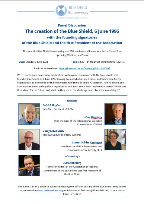 It's our 25th Anniversary on 6 June 1996. 
Join us for a free Zoom Panel discussion with our Founders, chaired by former President, Karl Habsburg
Monday 7 June 202112.30 – 14.00 BST (GMT+1)
Register: forms.ncl.ac.uk/view.php?id=11… 

More info: theblueshield.org