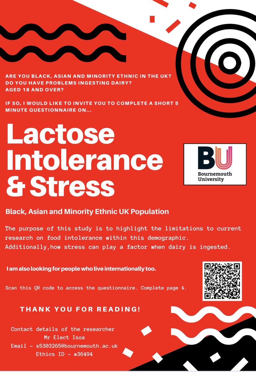 #LactoseIntolerance and #Stress, the completed response has been awesome! I need 248 to reach the magic number of 500! I’m doing this for the #BAME UK population and across the world. Please retweet and share. 

❗️Complete page 4 ❗️Scan the QR code to access the link 😊
