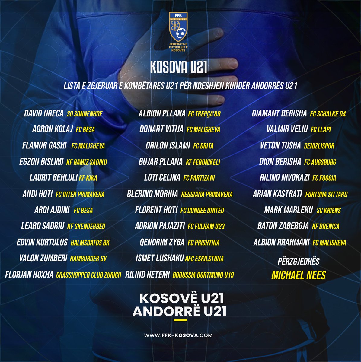 Kombëtarja e 🇽🇰 #U21 do ta fillojë grumbullimin për ndeshjen e parë kualifikuese për Euro2023 kundër #Andorrës, të martën, më 25 maj.

Per me shume vizitoni : ffk-kosova.com

#FFKKosova #Dardanët #BesaBesë
#TogetherIsOne 🇽🇰⚽️