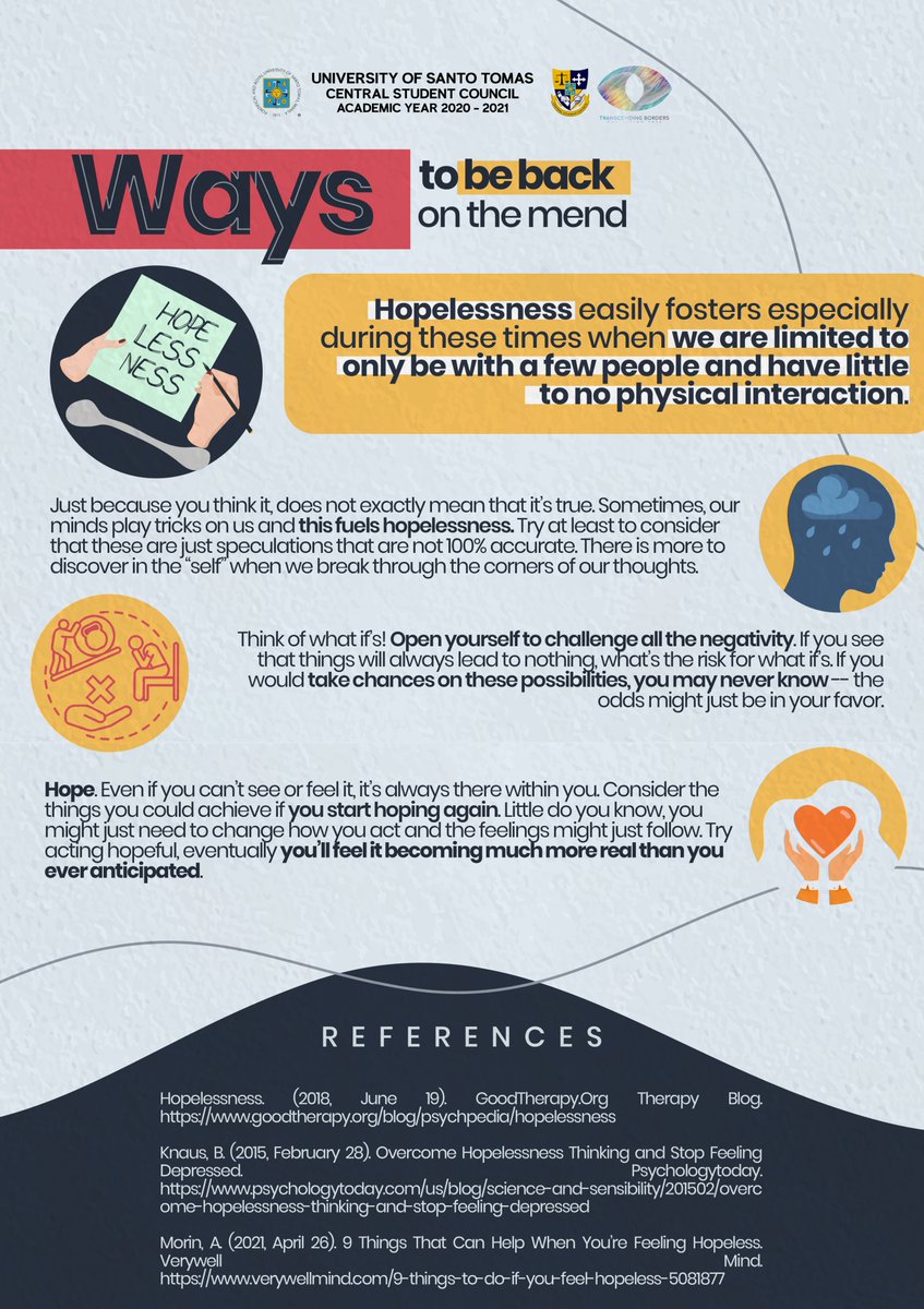 ust_csc's tweet image. “Don’t lose hope. You never know what tomorrow will bring.” - Michael Josephson

For this week on #CSCSelfCareSaturdays, we will shed light on hopelessness. May we always find a reason to hold on and push through the challenges that come our way. 

#CSCTranscendingBorders