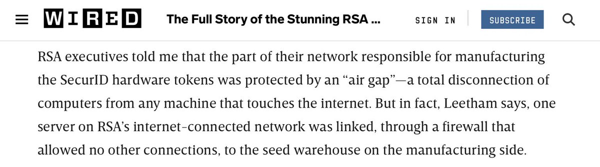 haroonmeer's tweet image. Re: RSAs Air-Gap (that wasn’t),

I once tested an environment that protected its core with an EAL7 Data Diode. It was a fancy gizmo using UDP/lasers. The customer bought two of them, and ran them in opposite directions.

Most expensive Ethernet cable ever.