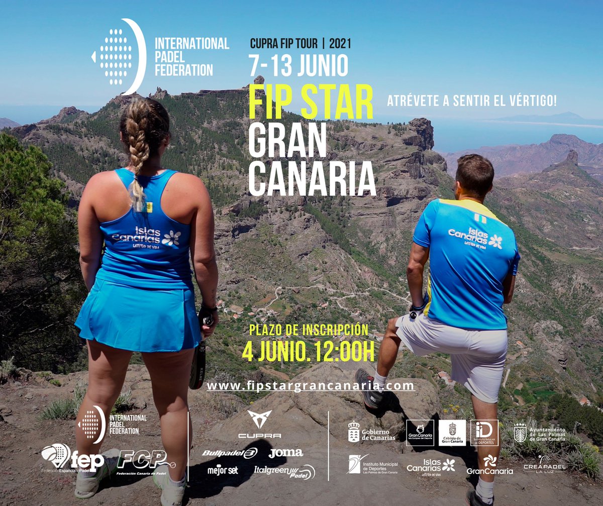 🔵 CUPRA FIP TOUR | 2021
🌟 FIP STAR GRAN CANARIA 2021 🇮🇨
🗓 7 -13 de junio
📍 Club Creapadel La Luz y Plaza de Gran Canaria (Parque Santa Catalina)
💰 12.000€
🔢 40 puntos WPT - FIP
🎾 Categorías Masculina - Femenina

Plazo de inscripción: Hasta el 4 junio a las 12:00h