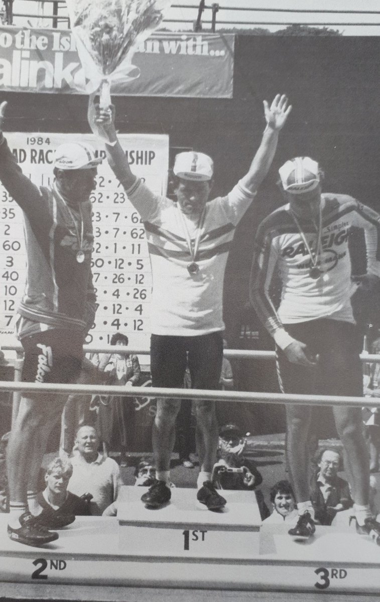 Steve Joughin on the top step after his victory at the British Professional Road Race Championship, 1984, with Bill Nickson 2nd and Malcolm Elliott 3rd.