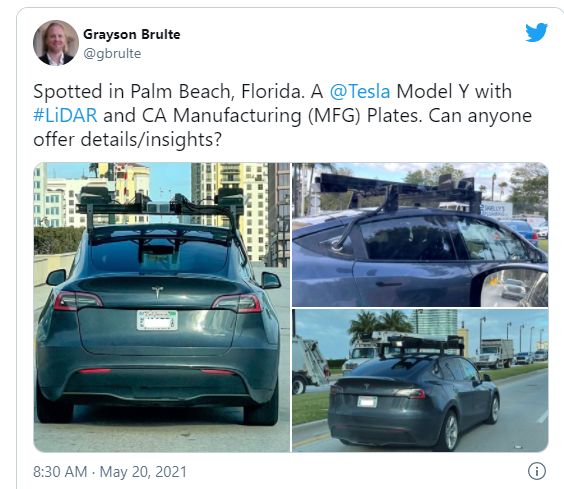 OMG - #Tesla  #model Y with #lidar 
#AutonomousVehicles #driverlessvehicles #safety #Mobility #navigation #mapping <a href="/elonmusk/">Elon Musk</a> 
blog.lidarnews.com/tesla-model-y-…