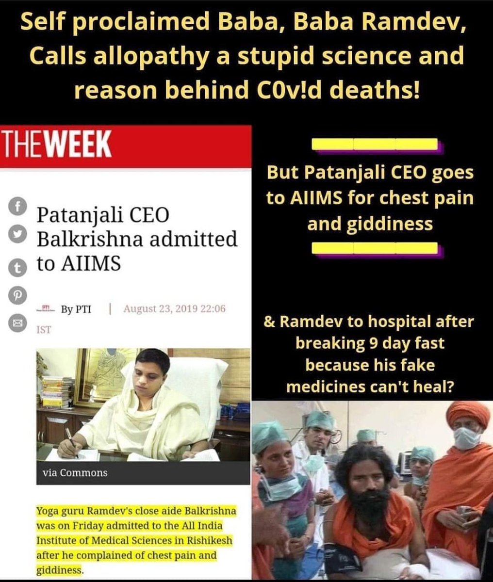 MedicosUnited's tweet photo. Quack Ramdev is misleading the people of India.
Ramdev &amp; Co. themselves take treatment at AIIMS &amp; ask common public to not believe in allopathy.
#ArrestRamdev #ArrestQuackRamdev https://t.co/quItEnzXWq