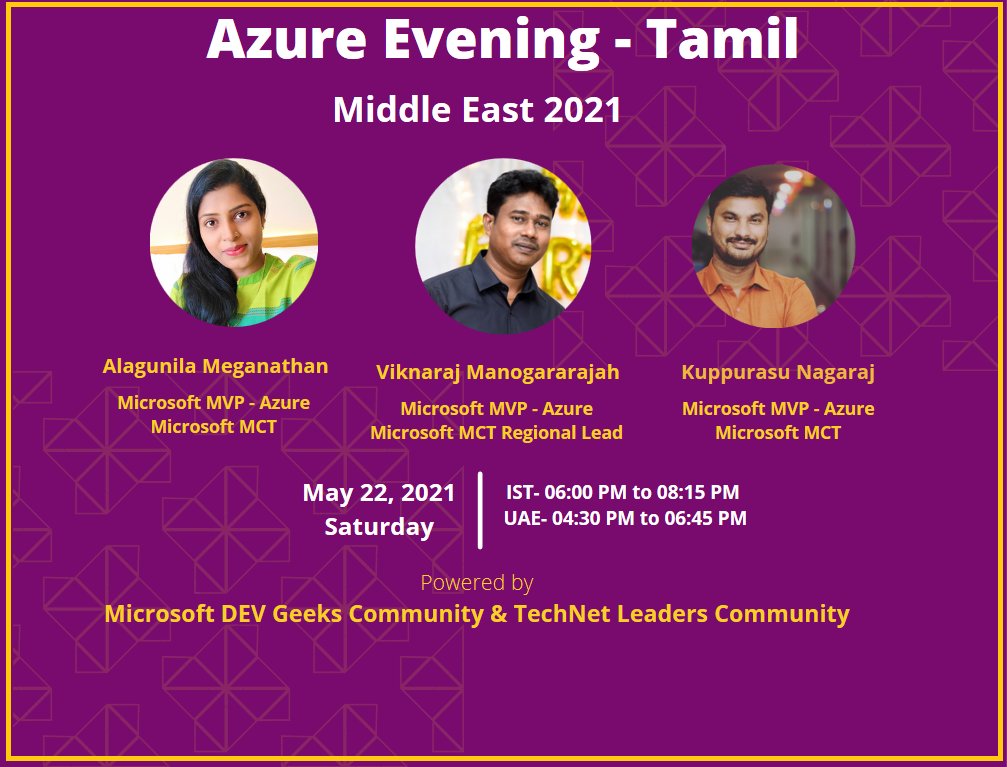 msdevgeeks's tweet photo. Only 45 Minutes Left!!!
Join us to our today's event  on “𝑨𝒛𝒖𝒓𝒆 𝑬𝒗𝒆𝒏𝒊𝒏𝒈 - 𝑴𝒊𝒅𝒅𝒍𝒆 𝑬𝒂𝒔𝒕 - 2021"
Time: IST - 06:00 PM to 8:15 PM
UAE - 04:30 PM to 06:45 PM
Free Registration: https://t.co/318Q9lzTCa
Live Link: https://t.co/i09UScym7C
#msdevgeeks #technetleaders https://t.co/TU6VijAVER
