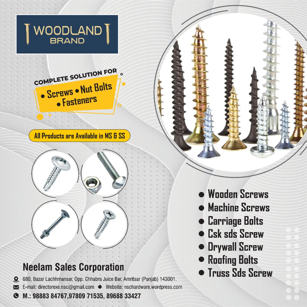 HardwareSamachr's tweet photo. WOODLAND | Neelam Sales Corporation (Punjab) | Complete Solution for Screws, Nut Bolts & Fasteners
#NeelamSalesCorporation #Woodland #Punjab #Screws #NutBolts #Fasteners #ScrewsManufacturer #NutBoltsManufacturer #FastenersManufacturer https://t.co/Ys3KB0d6cX