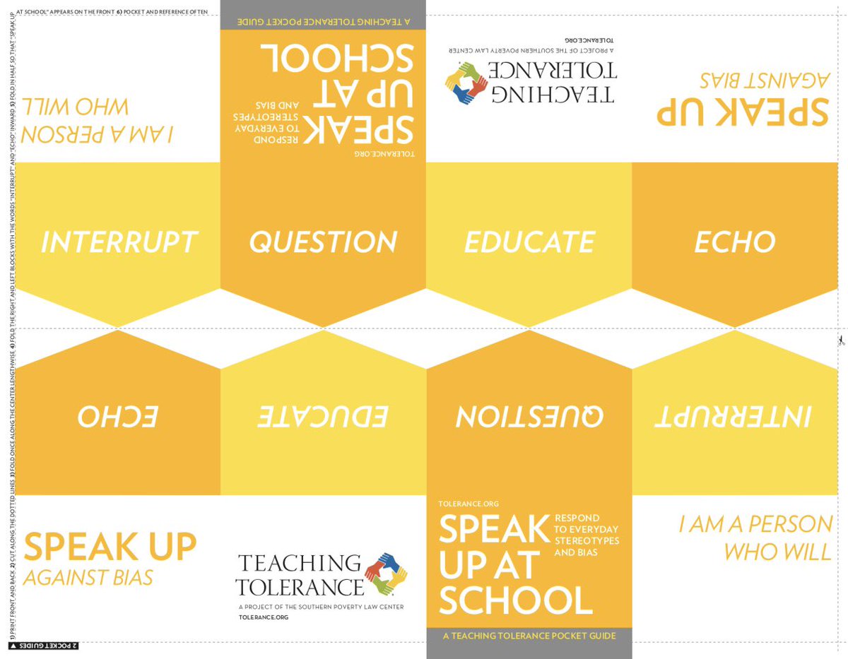 The “Speak Up at School” guide by @learnforjustice helps educators & students develop the skills to respond to prejudice, bias & stereotypes and includes printable pocket guide, reminding us to speak up - every time, in the moment and without exception learningforjustice.org/magazine/publi…