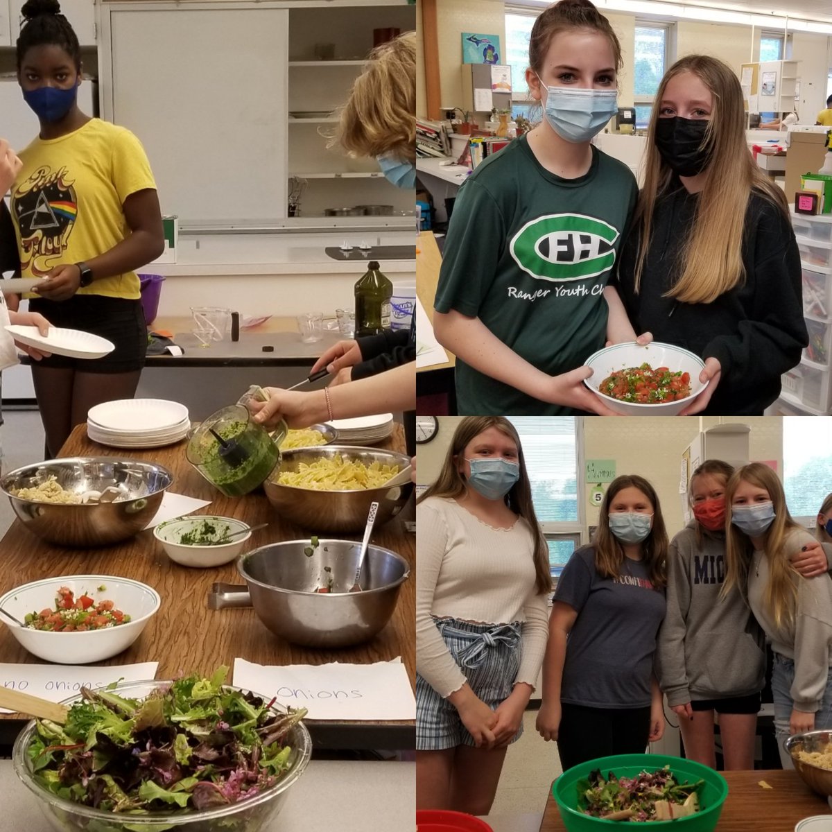 LeaSevigny's tweet photo. End of semester community feast! Natural Expressions students @CMS_FHPS worked together to forage garlic mustard, field garlic, and edible flowers. They then used those ingredients to make salsa, hummus, pesto pasta, and salad/ vinaigrette. https://t.co/4DlluuofPR