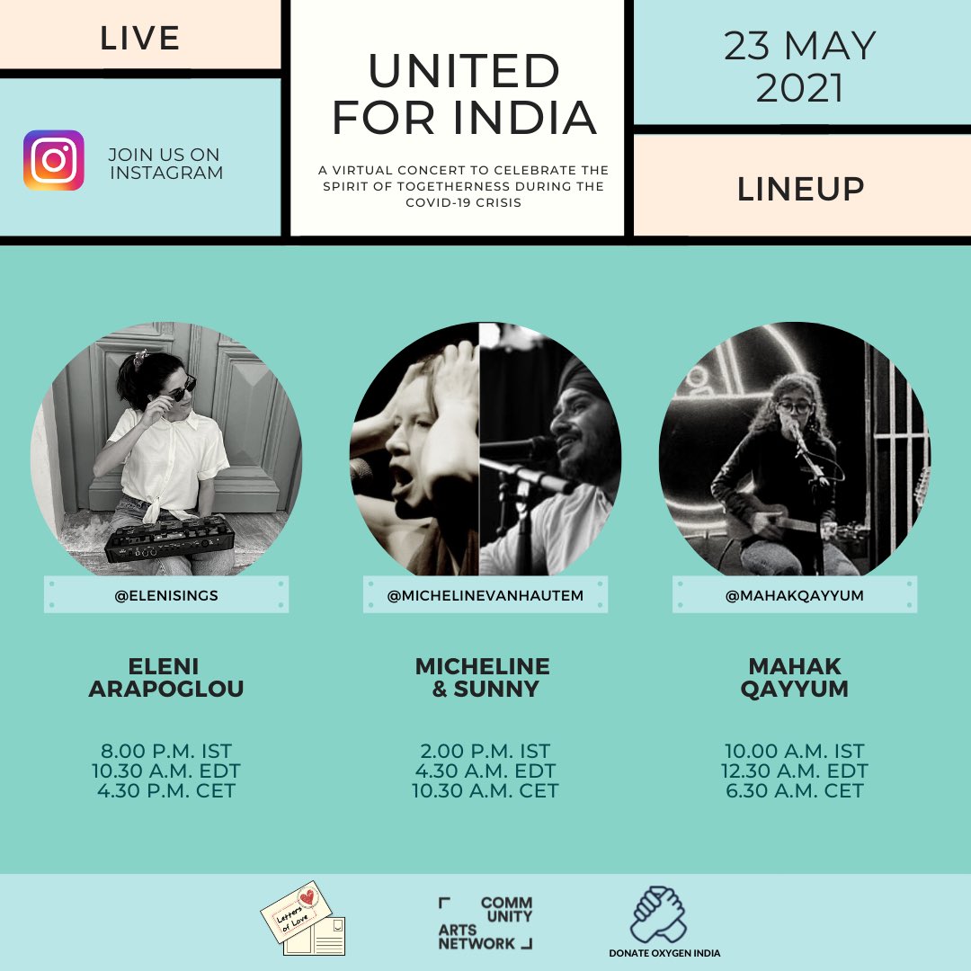 DonateOxygenIn's tweet photo. Tune in to a fantastic lineup of global artists at the United for India e-concert starting tomorrow on the respective Instagram handles. 

#DonateOxygenIndia https://t.co/0AEBs1C9iW