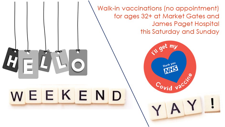 Norfolk and Waveney Integrated Care System (ICS) (@nandwics) on Twitter photo 📣This weekend #COVID19Vaccine walk-in appointments available for all aged 32+
💙 8:30-5:30, Sat 22/5 & Sun 23/5
💙 Market Gates Shopping Centre & Louise Hamilton Centre, <a href="/JamesPagetNHS/">JPUH NHS FT</a>
💙 FIRST doses ONLY.
No matter how healthy you are as an adult, its best to get #vaccinated 📣This weekend #COVID19Vaccine walk-in appointments available for all aged 32+
💙 8:30-5:30, Sat 22/5 & Sun 23/5
💙 Market Gates Shopping Centre & Louise Hamilton Centre, <a href="/JamesPagetNHS/">JPUH NHS FT</a>
💙 FIRST doses ONLY.
No matter how healthy you are as an adult, its best to get #vaccinated