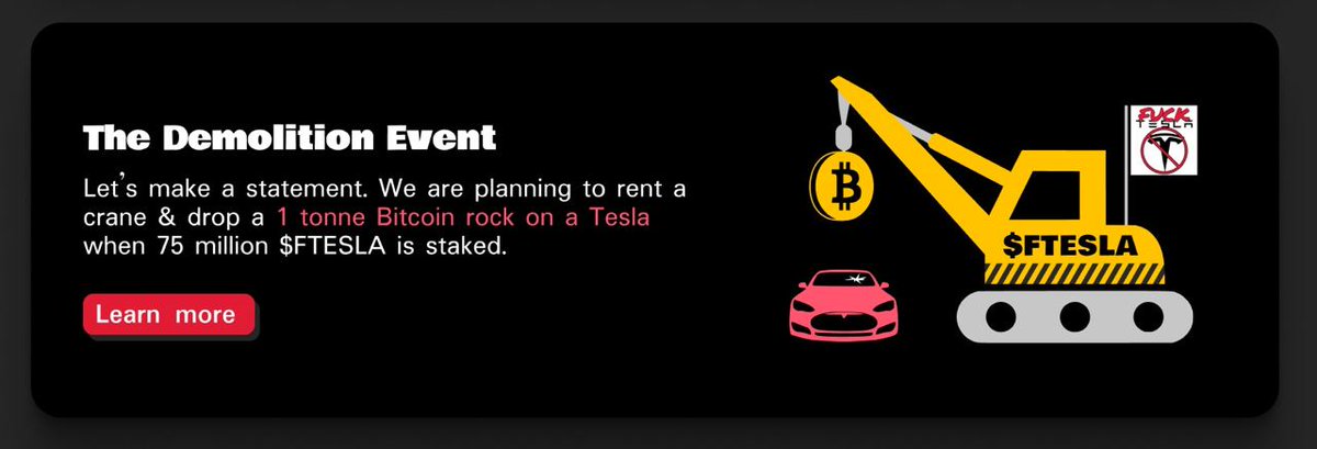 FuckTeslaToken's tweet photo. RT if you want to see us rent a crane &amp; drop a 1 ton concrete Bitcoin on a Tesla when 75 million $FTESLA is stakedRed exclamation mark symbol

If $FTESLA reaches $0.10+ we will donate 500,000 $FTESLA to buy a Tesla, rent a crane &amp; dump a huge rock on it https://t.co/a3xqCo5d8S