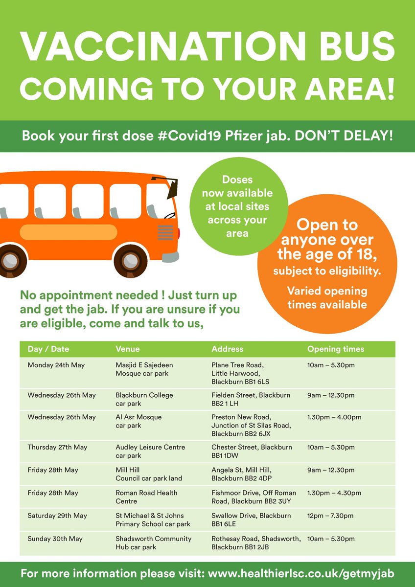 ✅ GREAT NEWS ✅

From Monday a vaccine bus 🚍 will be going round BwD to give out more first doses of the Pfizer jab.

Open to over 18s, subject to eligibility.

Unsure if you're eligible? Come for a chat.

Get on the bus to stop the spread!

More info 👉 bit.ly/2T9JLFY