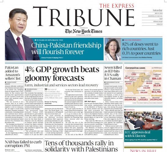 developingpak's tweet photo. Front page of Today’s newspaper.
Growth rate touches 4% despite COVID19. Macro indicators showing positive trend, Rupee strengthening against dollar, Stock Market booming. Pakistan Added To Amazon Sellers’ list. Pak’s economy is showing signs of recovery &amp; export based growth. https://t.co/Zj1Qo3jNMX