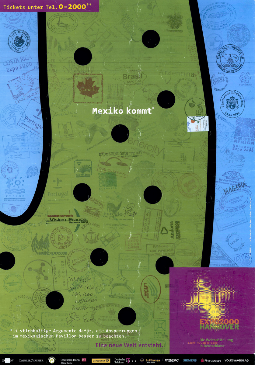 Hi! This is Cesar from Expomuseum!
One of my favorite souvenirs from a #WorldExpo is a poster with pavilion stamps. This one is from #Expo2000Hannover.
We are creating a database of stamps from different Expos. Do you have some that you'd like to share? Post them here!