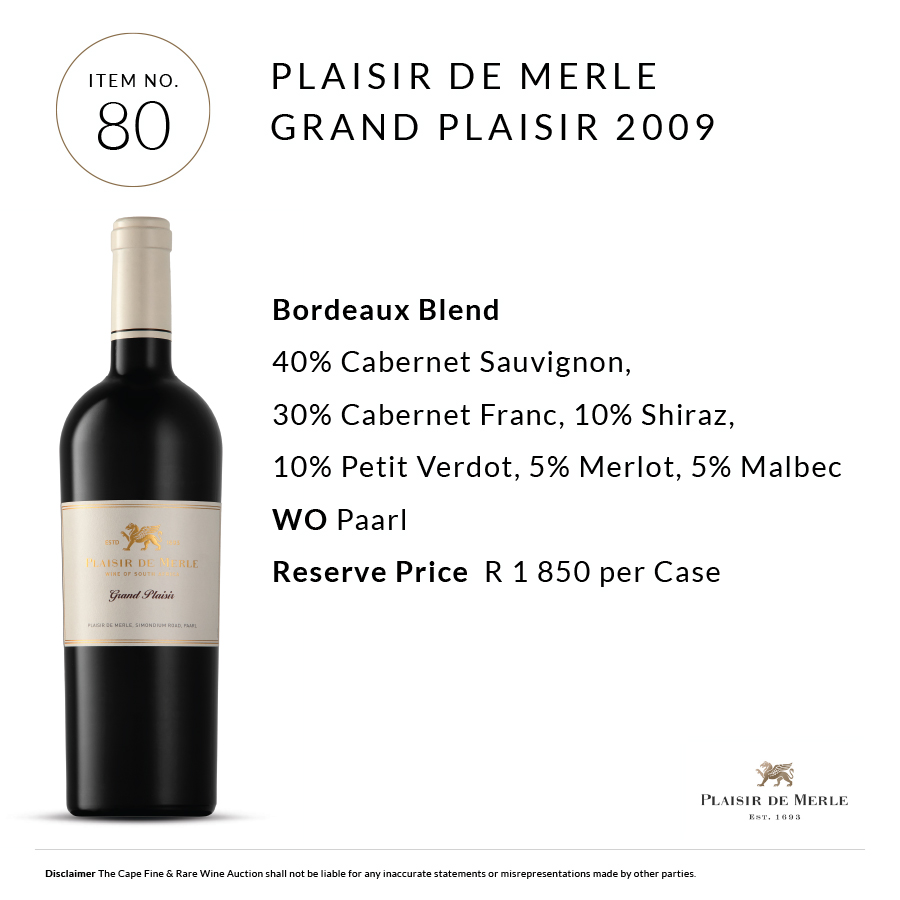4 cases of the <a href="/PlaisirEstate/">Plaisir</a> Grand Plaisir 2009 has been sold for R10 000.