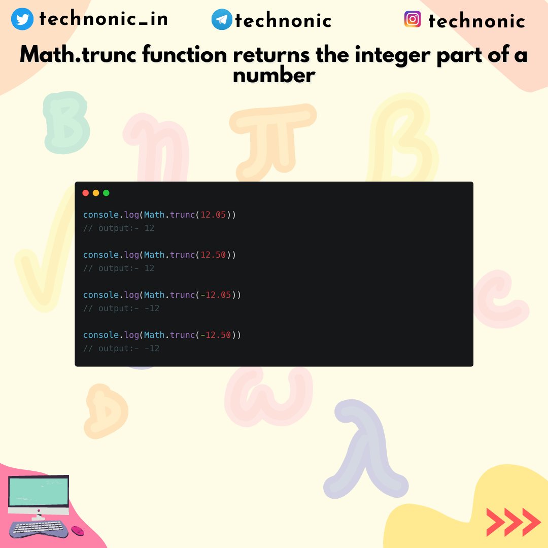 technonic_in's tweet image. Math.trunc function returns the integer part of a number

#30daysofcode #javascriptfunctions #30dayjavascriptchallenge #javascript #webdevelopment #js #javaScriptMethods #mathfunctions