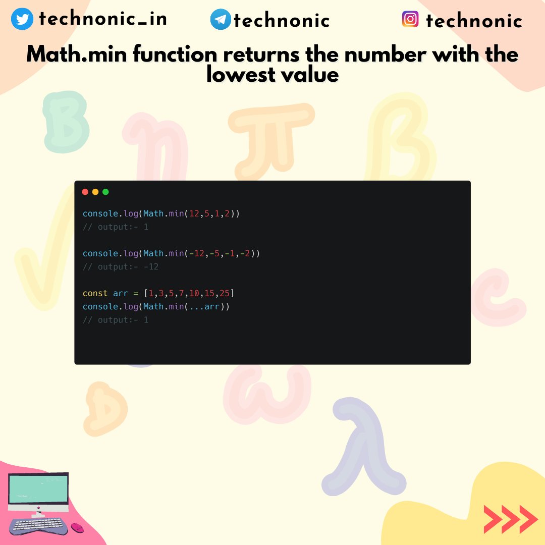 technonic_in's tweet image. Math.min function returns the number with the lowest value

#30daysofcode #javascriptfunctions #30dayjavascriptchallenge #javascript #webdevelopment #js #javaScriptMethods #mathfunctions