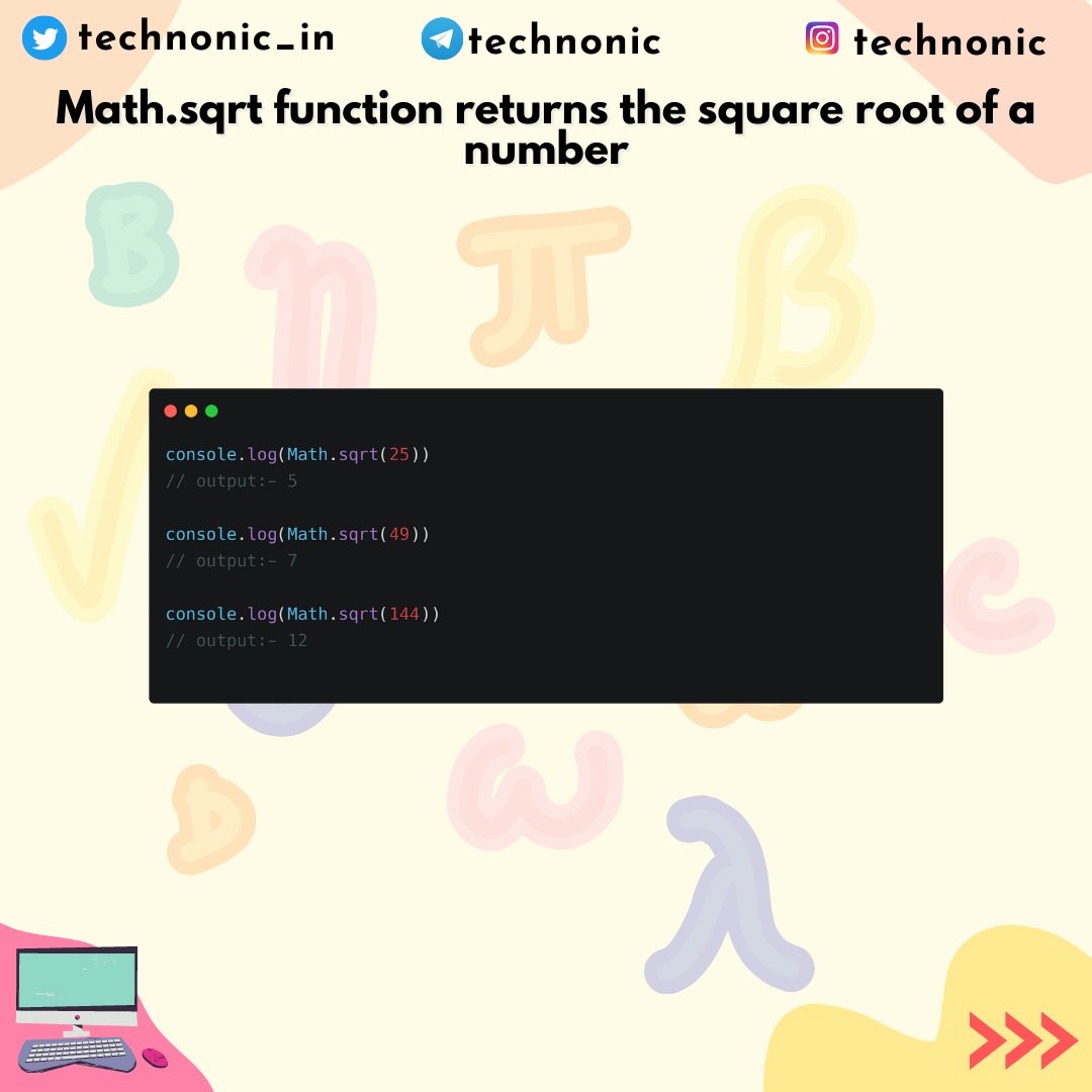technonic_in's tweet image. Math.sqrt function returns the square root of a number

#30daysofcode #javascriptfunctions #30dayjavascriptchallenge #javascript #webdevelopment #js #javaScriptMethods #mathfunctions