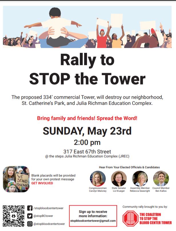 AFineBlogger's tweet photo. Tomorrow at 2pm, join the protest vs Longfellow/Blood Center 334' mid-block tower. PROTEST with your neighbors to save the sun for St Catherine's Park and JREC. @stopBCtower @BenKallos @JulieMenin @CarolynBMaloney @SeawrightForNY @LizKrueger https://t.co/9yYW4JN5mU