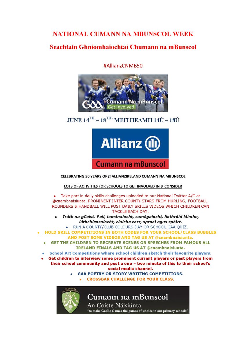 Green & White Publications (@limerickgaazine) on Twitter photo Cumann na mBunscol News
1 No INTER-school games/competitions/activities for the remainder of the school year
2 A CnamB ActivityWeek for schools begins on June 14th. We hope all our schools will participate (Progrmme attached)
Pls use <a href="/AllianzIreland/">Allianz Ireland</a> & #AllianzCNMB50 in all Tweets Cumann na mBunscol News
1 No INTER-school games/competitions/activities for the remainder of the school year
2 A CnamB ActivityWeek for schools begins on June 14th. We hope all our schools will participate (Progrmme attached)
Pls use <a href="/AllianzIreland/">Allianz Ireland</a> & #AllianzCNMB50 in all Tweets