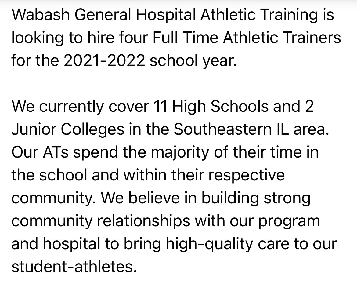 Slunaker1588's tweet photo. WGH is looking to fill four full time AT positions. ATs spend the majority of their time at their schools. We believe in high quality care and building strong relationships in our respective communities. Apply here: https://t.co/ESmB2oqMAj https://t.co/LKUzT2mzRV