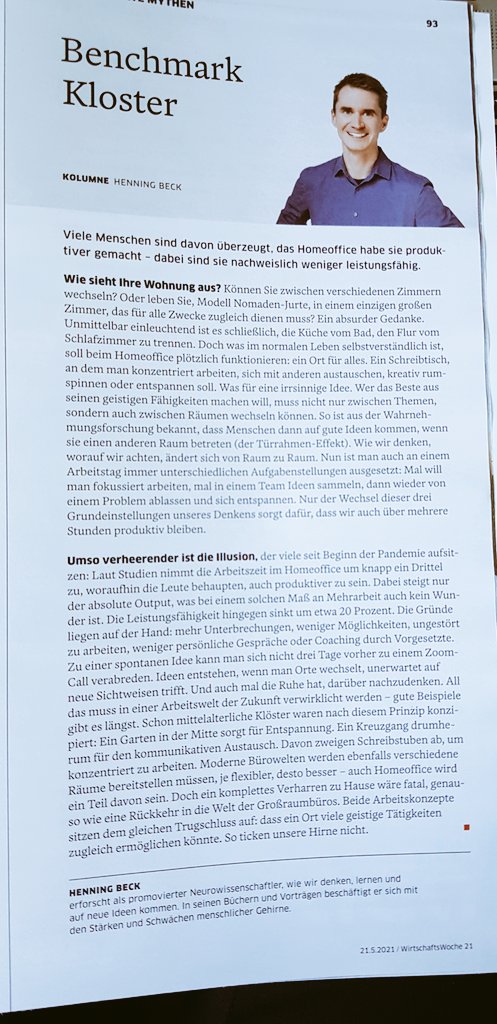 Thomas J. Dettling #DigitalTransformation (@thomas_dettling) on Twitter photo ◼ Ein komplettes Verharren zu Hause wäre fatal, genauso wie eine Rückkehr in die Welt der traditionellen Büros. Menschen brauchen Kontaktpunkte, Räume die inspirieren und Ruheorte. In Klöstern gibt es das schon lange: Kreuzgang, Schreibstuben, Garten.💡 #NewWork <a href="/HenningBeck1/">Henning Beck</a> 🧠 ◼ Ein komplettes Verharren zu Hause wäre fatal, genauso wie eine Rückkehr in die Welt der traditionellen Büros. Menschen brauchen Kontaktpunkte, Räume die inspirieren und Ruheorte. In Klöstern gibt es das schon lange: Kreuzgang, Schreibstuben, Garten.💡 #NewWork <a href="/HenningBeck1/">Henning Beck</a> 🧠