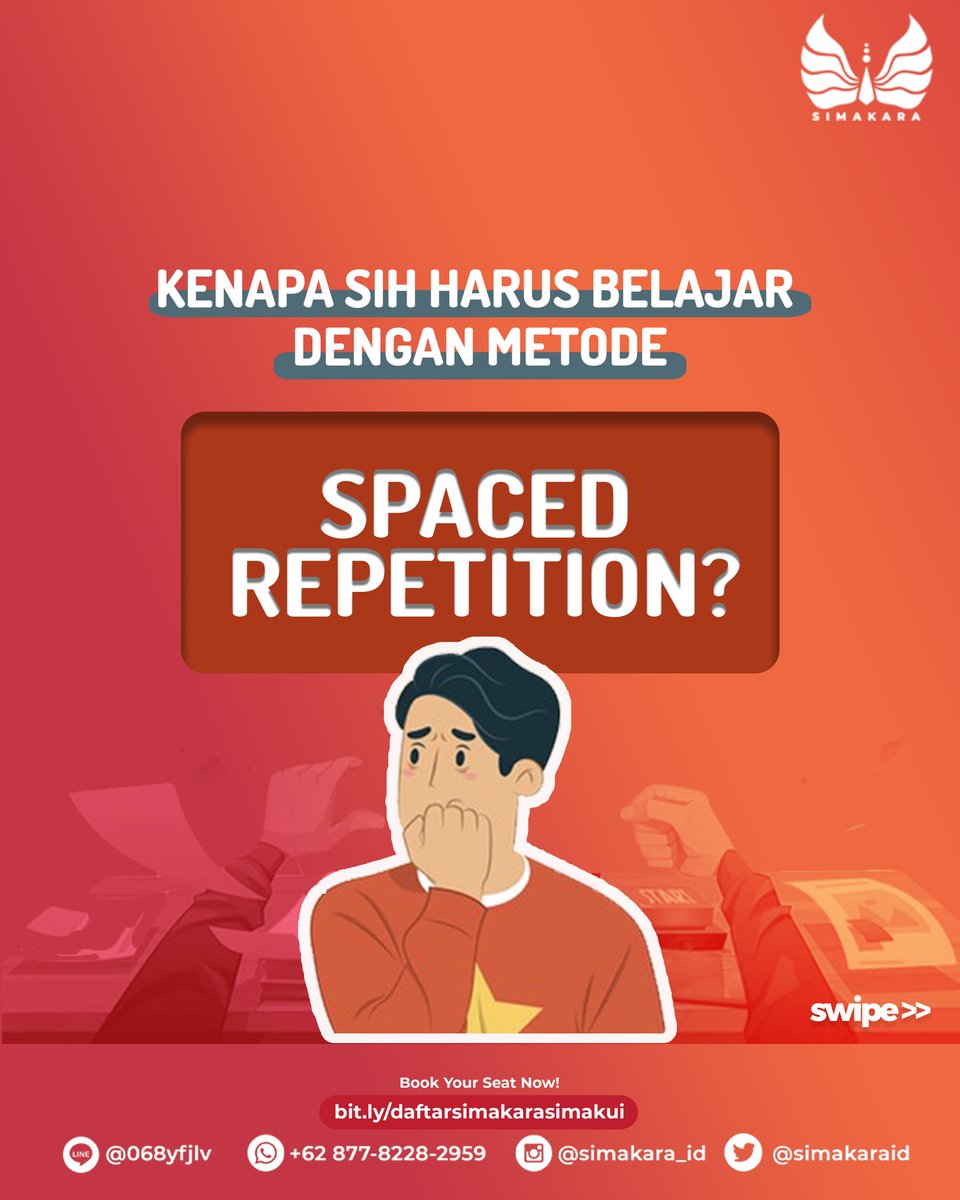 simakaraid's tweet image. BELAJAR DENGAN METODE SPACED REPETITION

Halo, pejuang SIMAK UI!

Spaced Repetition adalah metode mengulang pelajaran dalam jangka waktu tertentu. Kenapa pake metode ini dan bagaimana menerapkannya? Swipe ke kiri ya!

#UniversitasIndonesia
#SIMAKUI2021
#SIMAKUI
#jalurmandiri