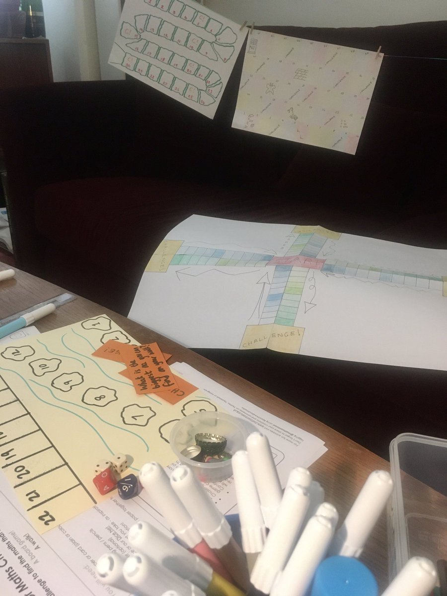 The creative, messy aftermath!  We made games that continue beyond the board to our next walk!  Thanks for joining our stay-in!  🎲 Share photos of your games and walks that find that #MathsIsEverywhere Missed it? The activity will be available from Monday #positiveaboutmaths