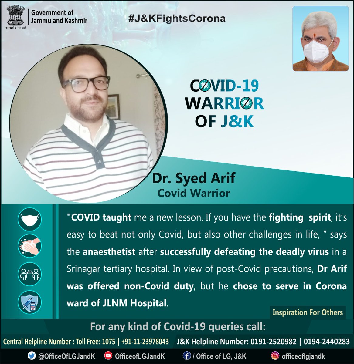 #JandKFightsCorona 
After recovery from #COVID19, Dr Syed Arif was offered to join non-Covid duty but he refused and start working at JLNM Hospital Srinagar to serve the Covid patients. 

#CovidWarriors 
#CovidHeroes
#InspirationForOthers