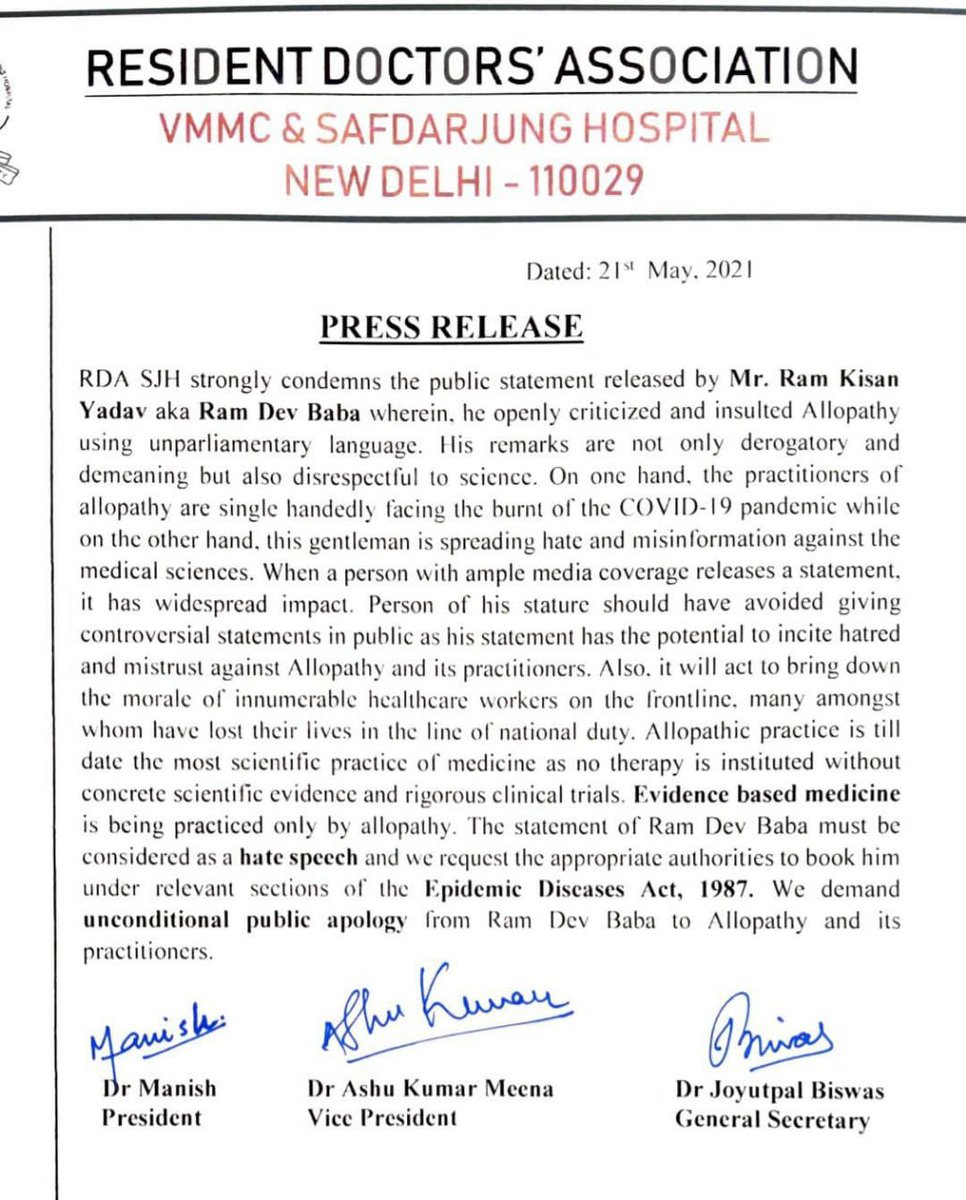DrHarjitBhatti's tweet photo. AIIMS, IMA, DMA, Safderjung &amp; all big hospitals of the country wrote a letter to @drharshvardhan to take strict action against the fraudulent Ramdev who is openly misleading public about Covid19 treatment. Media should also boycott him in public interest #ArrestQuackRamdev https://t.co/OLG6Zm5qsE