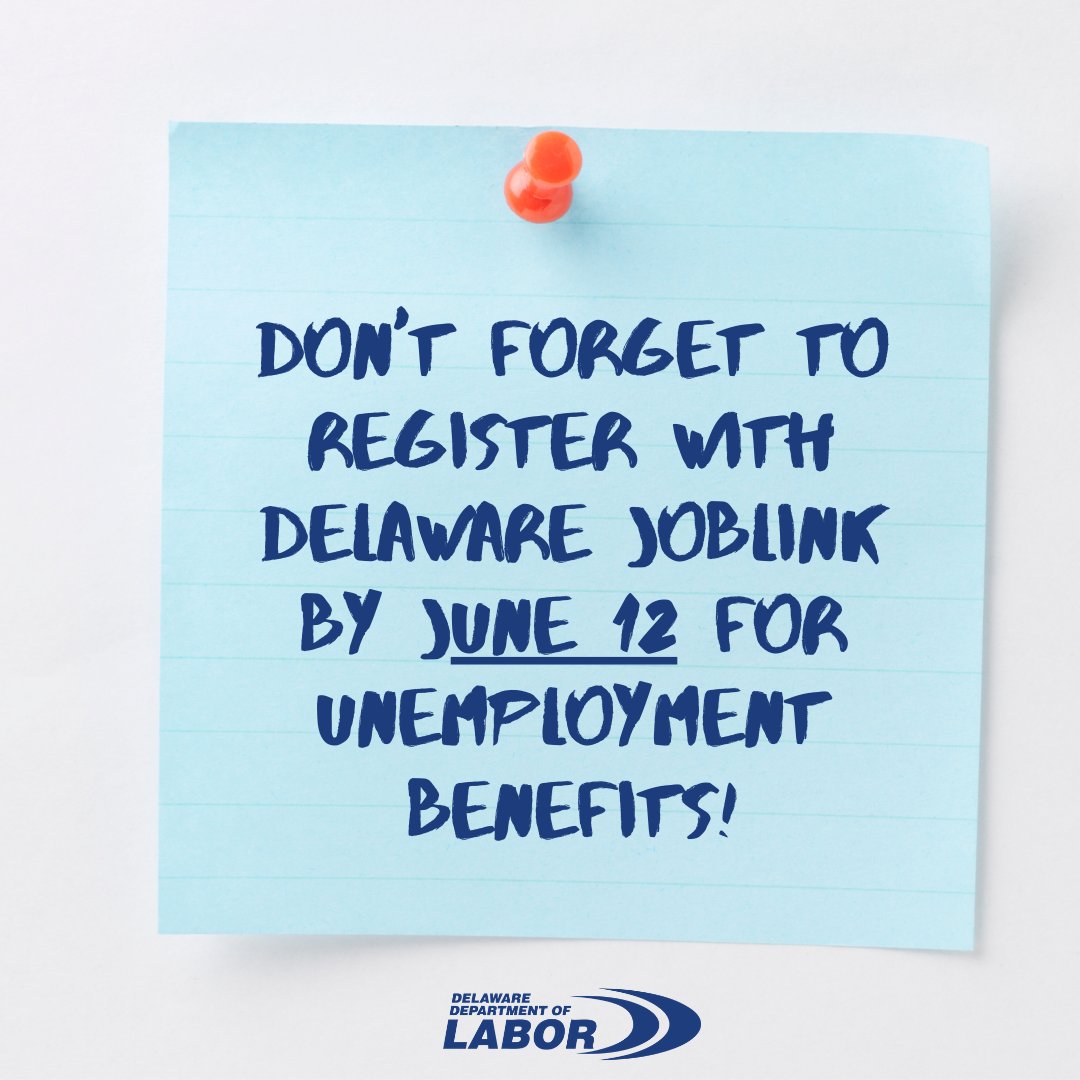 DelawareLabor's tweet photo. 📢 𝗗𝗼𝗻'𝘁 𝗳𝗼𝗿𝗴𝗲𝘁 𝘁𝗼 𝗿𝗲𝗴𝗶𝘀𝘁𝗲𝗿 𝗳𝗼𝗿 𝗮 𝗗E 𝗝𝗼𝗯𝗟𝗶𝗻𝗸 𝗮𝗰𝗰𝗼𝘂𝗻𝘁 𝗯𝘆 𝗝𝘂𝗻𝗲 𝟭𝟮! UI claimants must look for work and register in https://t.co/80bUbvEiTg to qualify for or continue receiving benefits. https://t.co/Dsk8FjLhmT