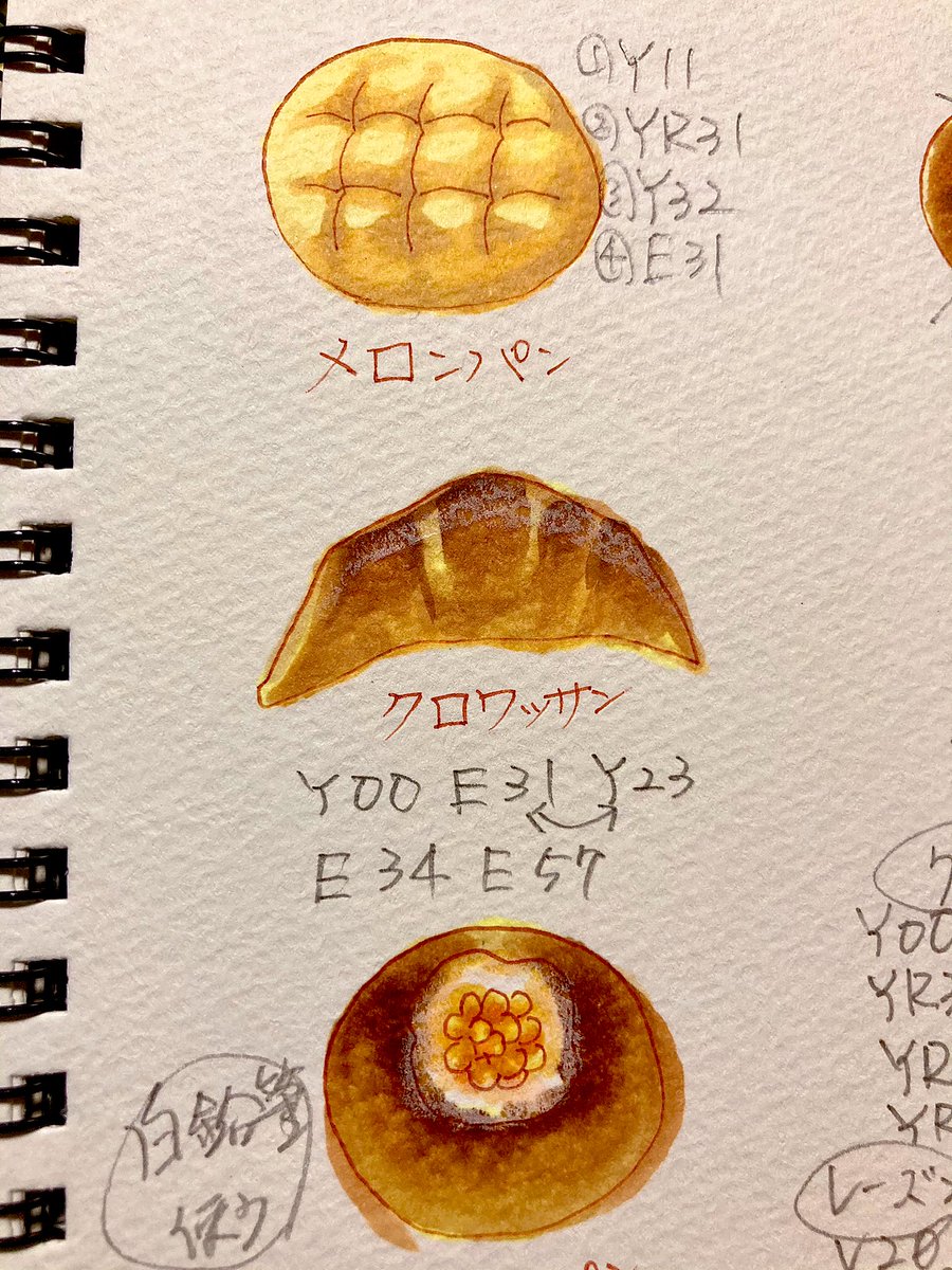 杏 創作 パンの塗り方試行錯誤中 メモがぐちゃぐちゃ 色鉛筆も上手く使ってそれっぽく仕上げると良いかも特に白鉛筆 W コピック コピックイラスト パン