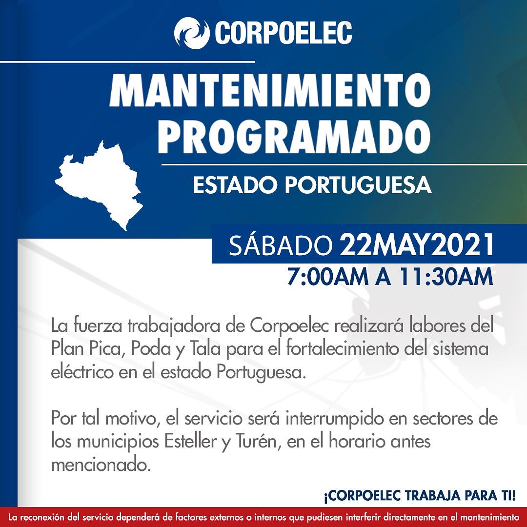 Notiavancdleonb's tweet photo. #AtencionPortuguesa este #22May Trabajadores de @CorpoelecPortug ejecutarán trabajos de Plan Pica, Poda y Tala en sectores de los municipios #Turén y #Esteller para optimizar el sistema eléctrico en la entidad. #QuítaleLacoronaAlVirus
#InformacionRegional
@rafaelcalles https://t.co/gncLQgoSfg