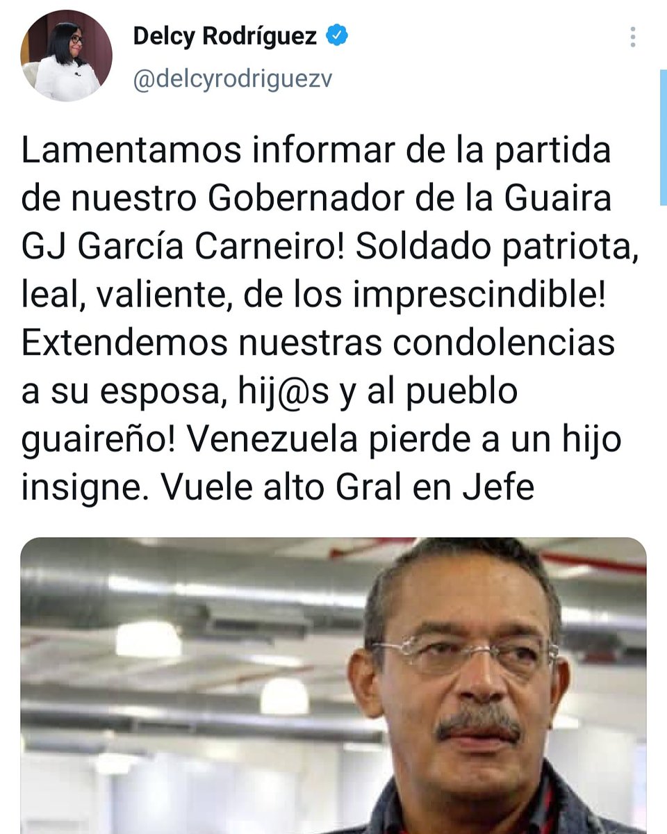LaVerdadVargas's tweet photo. #ÚltimaHora Falleció el gobernador García Carneiro

La vicepresidenta Delcy Rodríguez anunció en Twitter el fallecimiento del mandatario regional. https://t.co/tmnKkrdVbB
