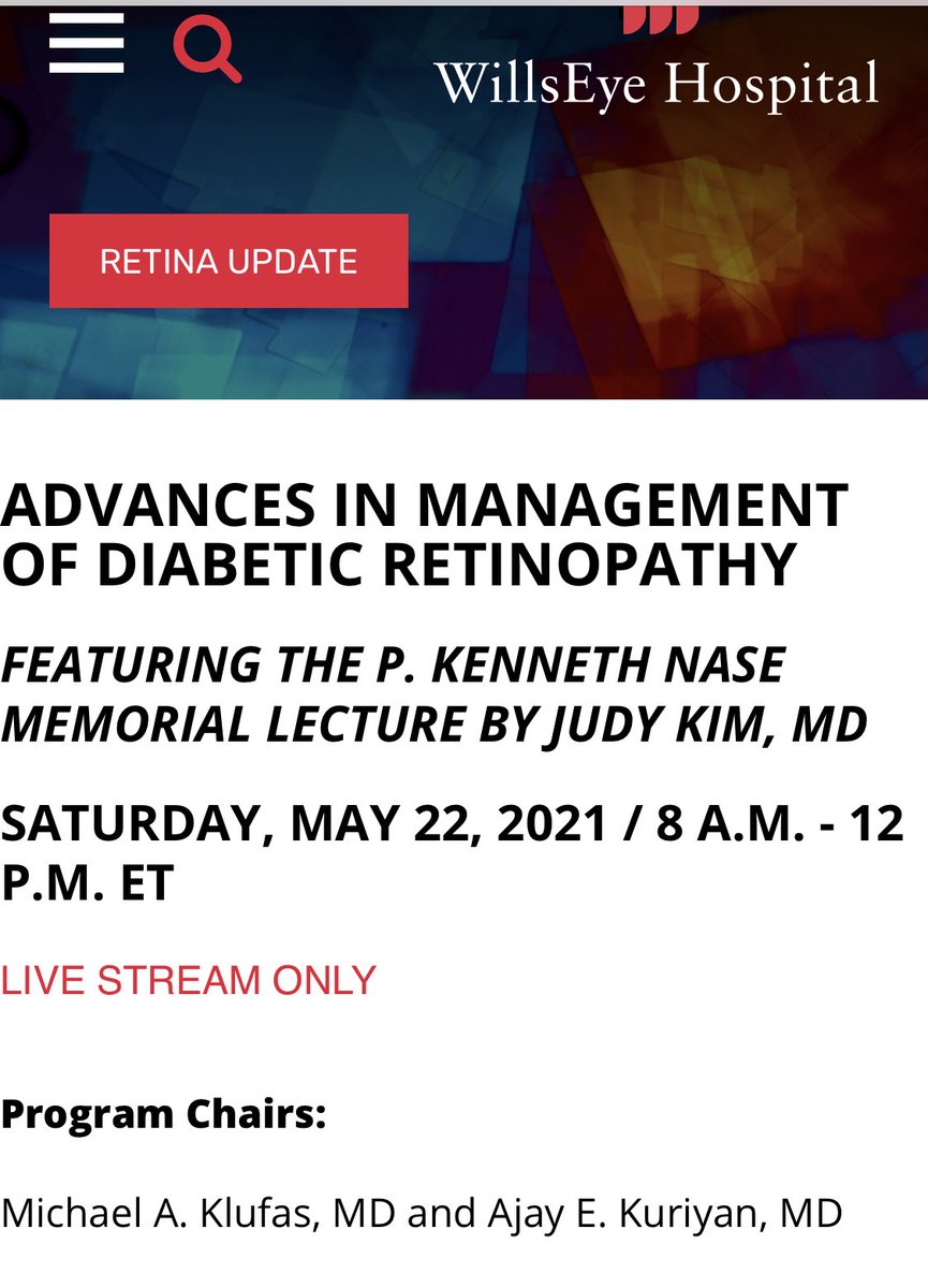 Congratulations to <a href="/Wills_Eye/">Wills Eye Hospital</a> #Retina #TopDocs <a href="/NJRetinaDoc/">Michael Klufas</a> &amp; <a href="/AjayKuriyan/">Ajay</a> on this phenomenal #diabetes lineup of speakers &amp; topics 🥳🙏🏻💪🏼👁