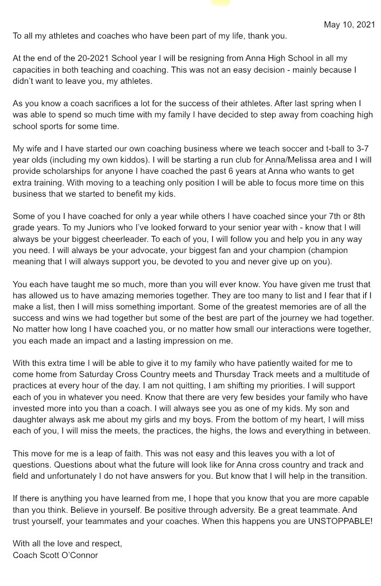 Coach_SOConnor's tweet photo. It is bittersweet to announce that I will be resigning from Anna HS as a teacher and coach. 
I want to thank all my athletes past and present, to my mentors @TomikaCrosby18, @CoachJBPatton, Ellis, and so many others. Thank you Anna ISD for the opportunity. @AnnaCoyoteXCTF https://t.co/EuY8sBuESZ
