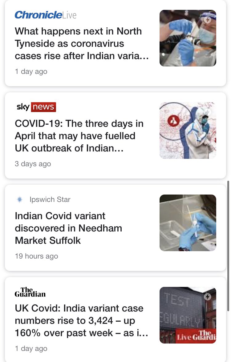 Kit_Yates_Maths's tweet photo. There is a lot of focus on Bolton and Blackburn and the efforts to contain B1617.2 there.
A quick google news search suggests there are outbreaks all over the country though, which don’t seem to be making the National news. https://t.co/6OFKeRkDhv
