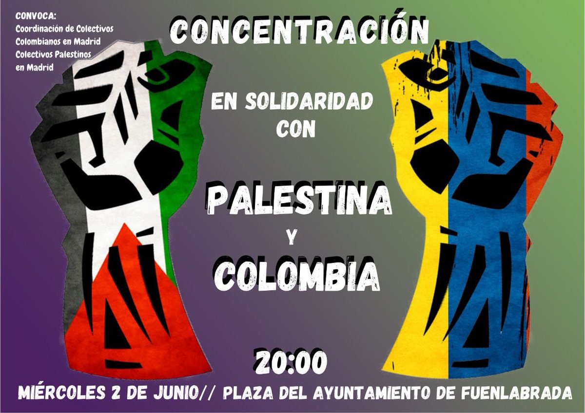 📌 Concentración en solidaridad con #Palestina y #Colombia
📅 Miércoles 2 de junio
🕛 20:00h
🏫 Plaza del Ayuntamiento de #Fuenlabrada