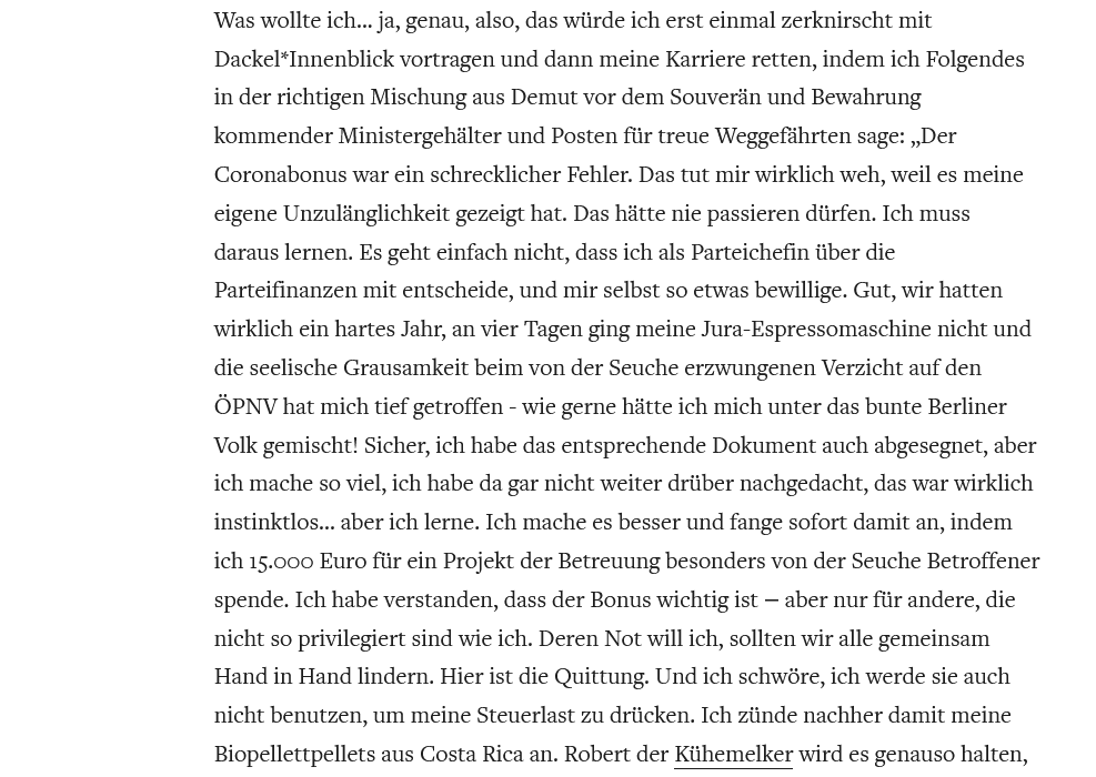 Hier ein paar 10000 vergessen und da keine Doktorandin - das ist alles kein Beinbruch! Aber die Sache mit dem #Coronabonus für #Baerbock ist kaum zu entschuldigen - daher habe ich der Bedrängten galant geholfen, eine demütige Ansprache zu formulieren. welt.de/kultur/stuetze…
