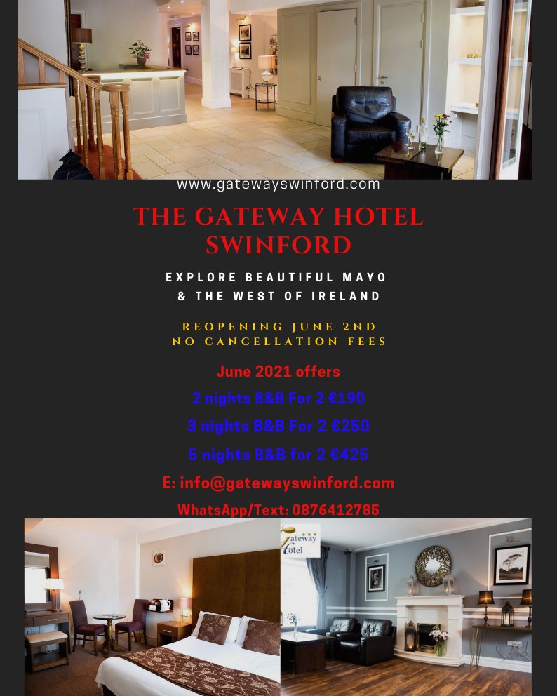 Enjoy a great value break here with us at The Gateway Hotel Swinford. Contact us and we will be delighted to assist you in arranging your stay here with us.
#gatewayswinford #failteireland #keepdiscovering #swinford #mayo #westofireland #staycations #staycationsireland #hoteldeal